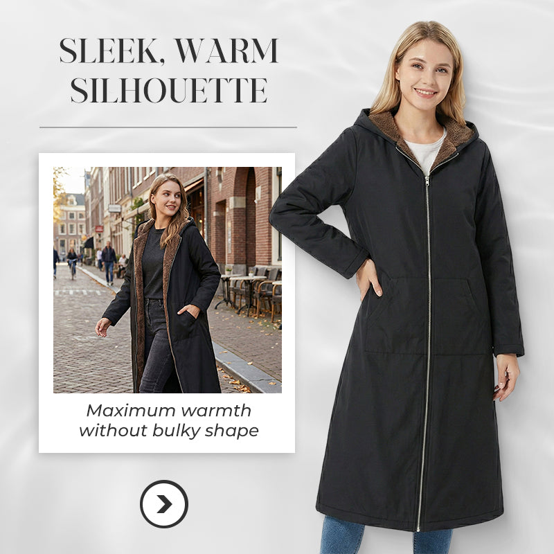 Lång vintage-kappa för damer med huva och flufffoder