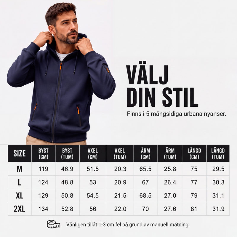 Herrställad cargo-jacka med hel dragkedja och huva