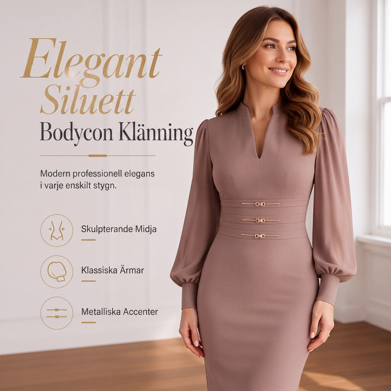 Elegant kroppsnära klänning för kvinnor med V-ringning och biskopsärmar