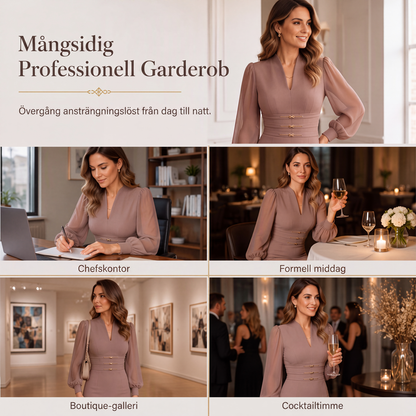 Elegant kroppsnära klänning för kvinnor med V-ringning och biskopsärmar