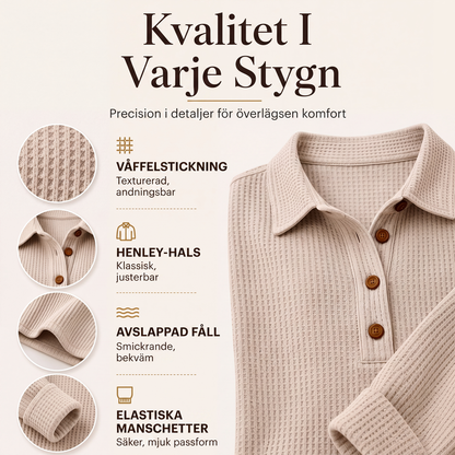 Henley-tröja med våffelstickning och långa ärmar för kvinnor