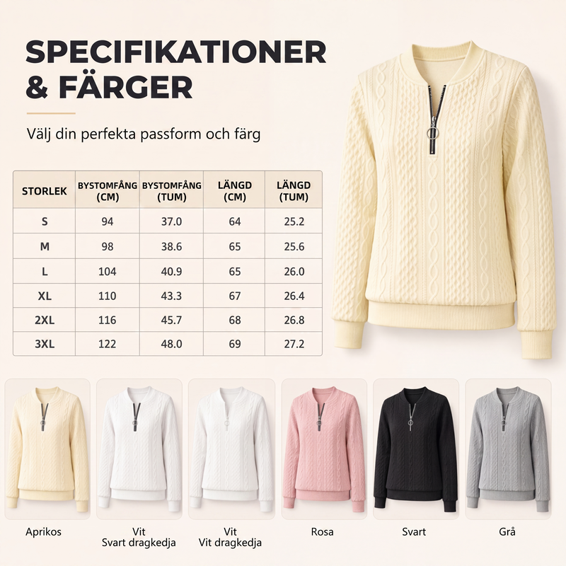 Kvinnors sweatshirt i kabelstickad design med halv dragkedja