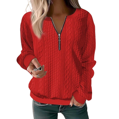 Kvinnors sweatshirt i kabelstickad design med halv dragkedja