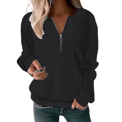 Kvinnors sweatshirt i kabelstickad design med halv dragkedja