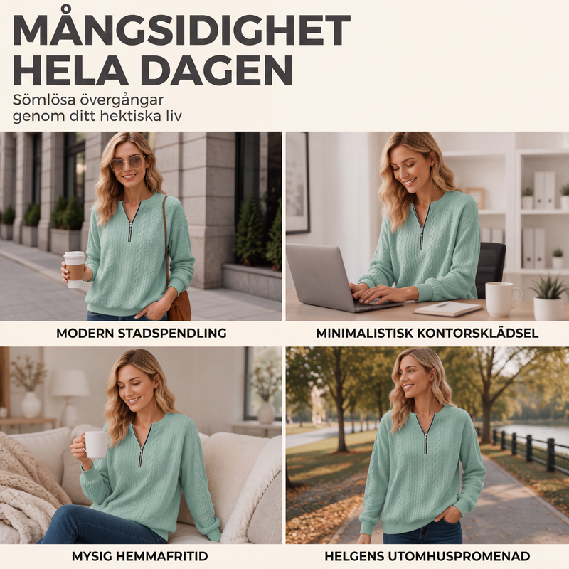 Kvinnors sweatshirt i kabelstickad design med halv dragkedja
