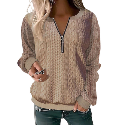 Kvinnors sweatshirt i kabelstickad design med halv dragkedja