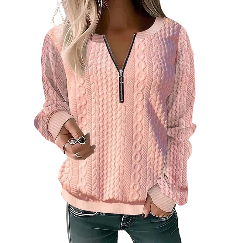 Kvinnors sweatshirt i kabelstickad design med halv dragkedja