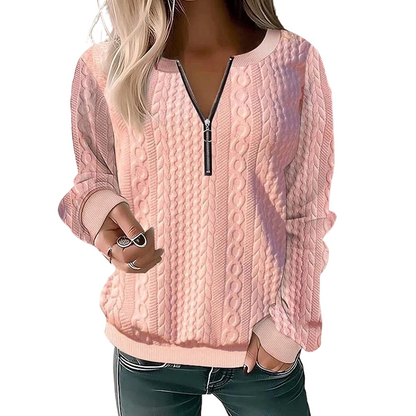Kvinnors sweatshirt i kabelstickad design med halv dragkedja