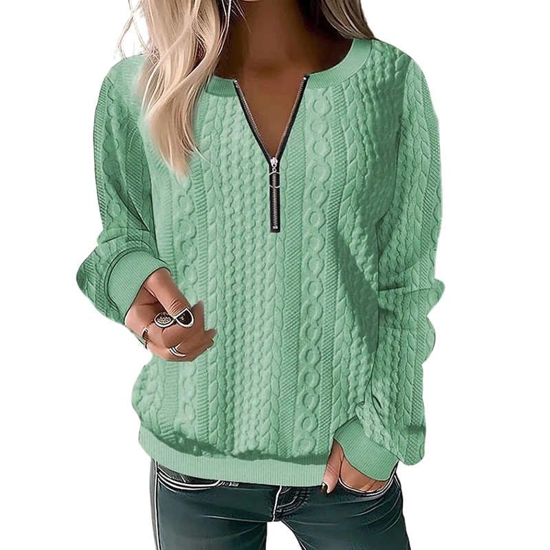 Kvinnors sweatshirt i kabelstickad design med halv dragkedja