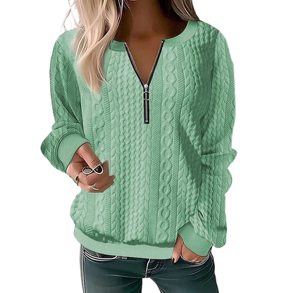 Kvinnors sweatshirt i kabelstickad design med halv dragkedja