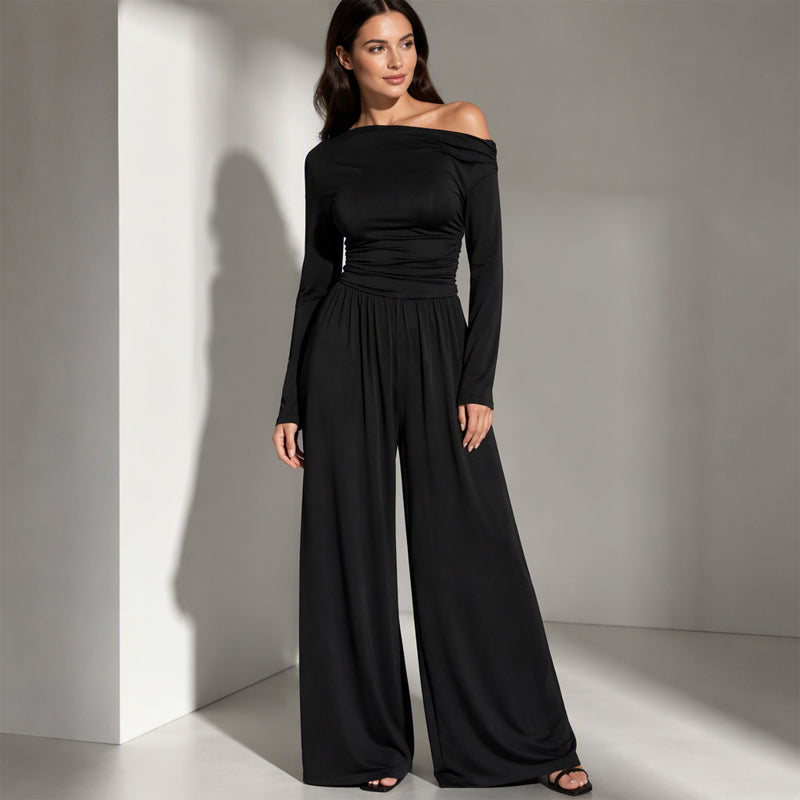 Byxdräkt med off-shoulder och vida ben för kvinnor