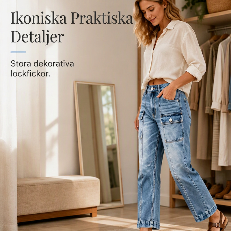 Högmidjade stretchiga raka jeans för kvinnor