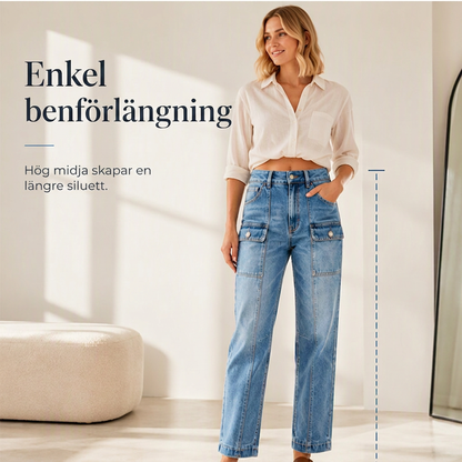 Högmidjade stretchiga raka jeans för kvinnor
