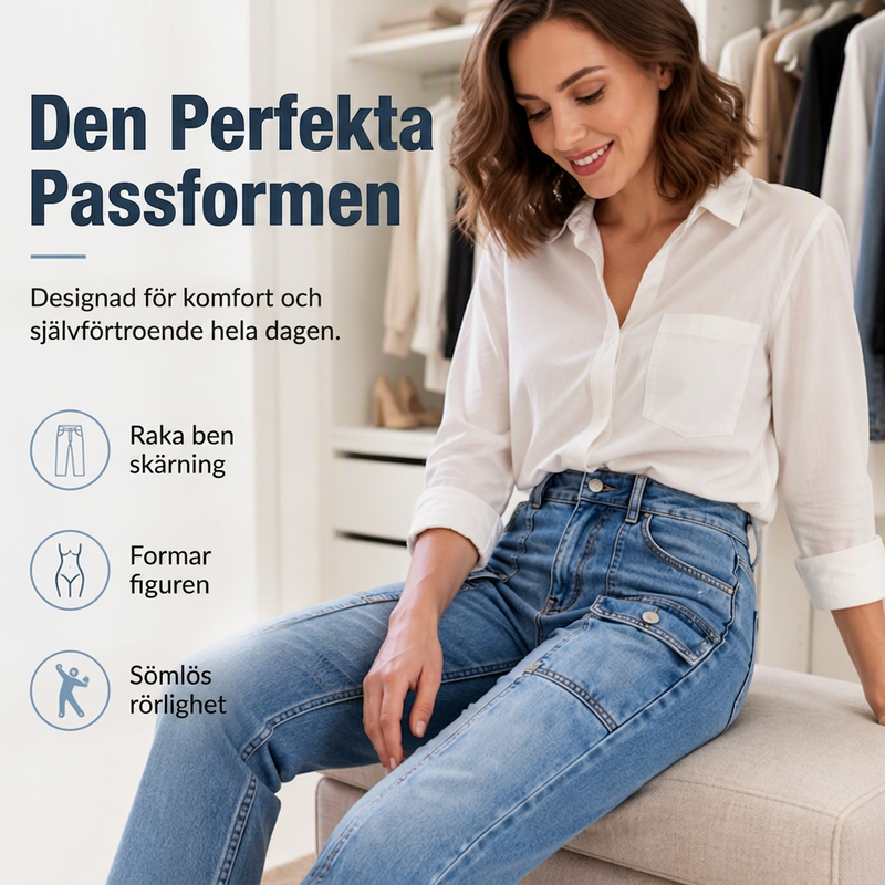 Högmidjade stretchiga raka jeans för kvinnor