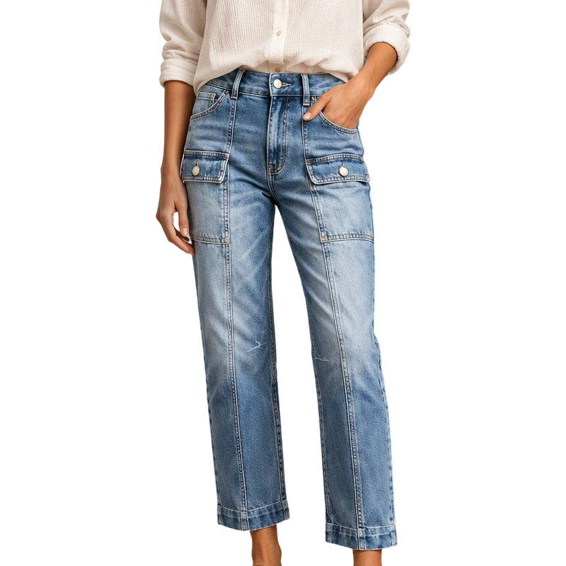 Högmidjade stretchiga raka jeans för kvinnor