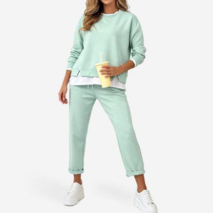 Set med tröja och byxor för kvinnor, falsk tvådelad design