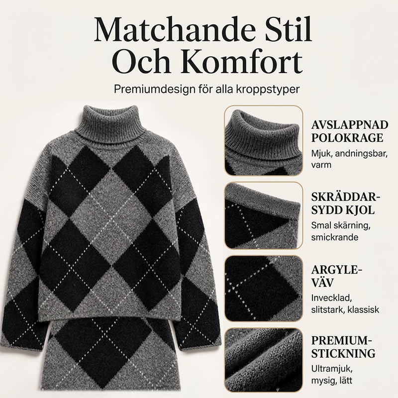 Set med argyle-stickad tröja och kjol för kvinnor