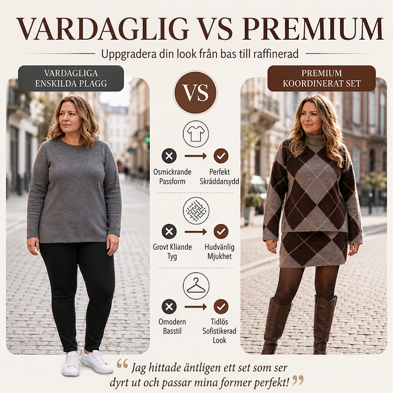 Set med argyle-stickad tröja och kjol för kvinnor