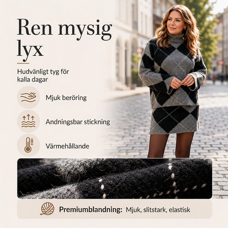 Set med argyle-stickad tröja och kjol för kvinnor