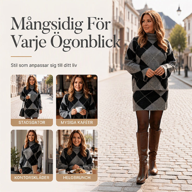 Set med argyle-stickad tröja och kjol för kvinnor