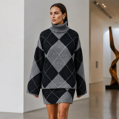 Set med argyle-stickad tröja och kjol för kvinnor