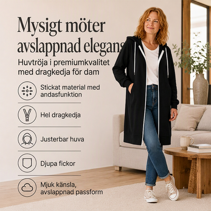 Lång huvad jacka med dragkedja för kvinnor