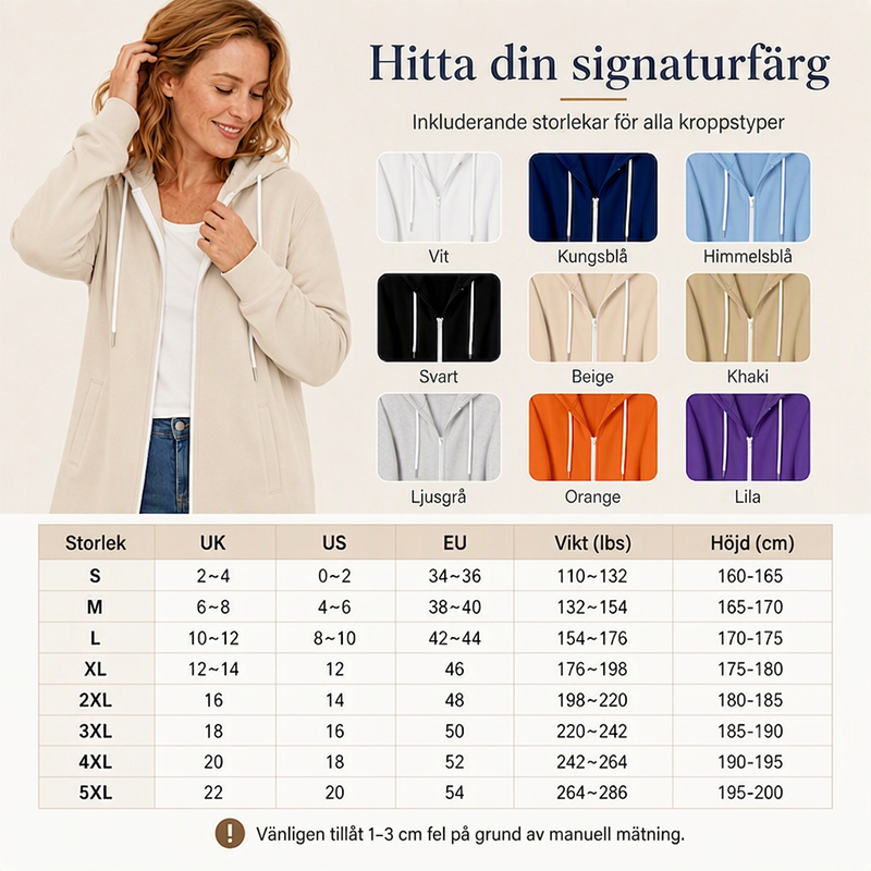 Lång huvad jacka med dragkedja för kvinnor