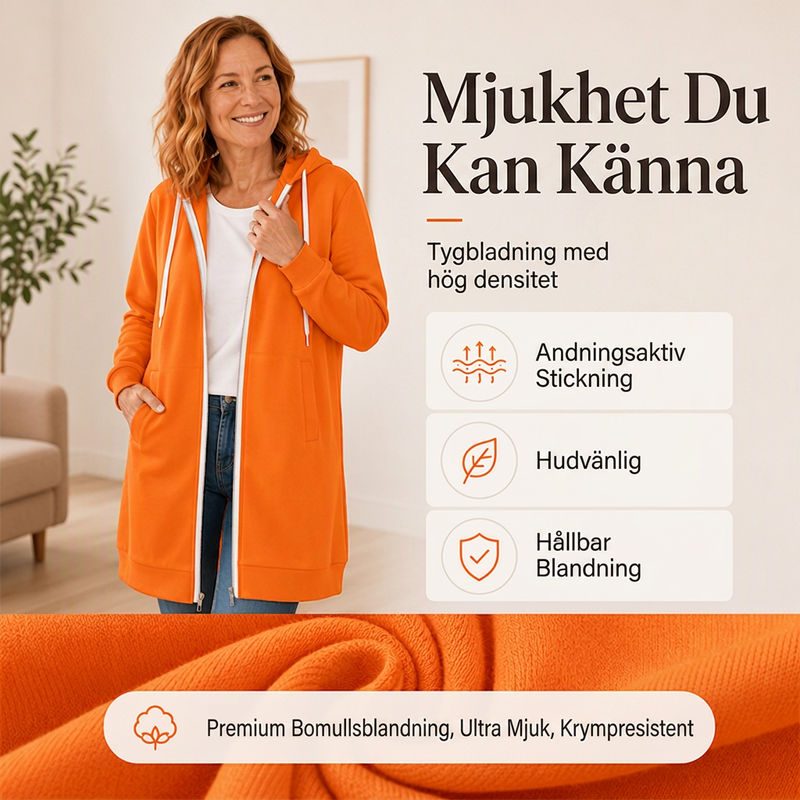 Lång huvad jacka med dragkedja för kvinnor