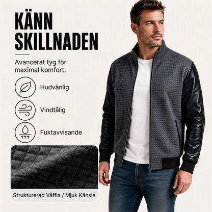 Herr vaddad jacka med vävt mönster och ärmar av PU-läder