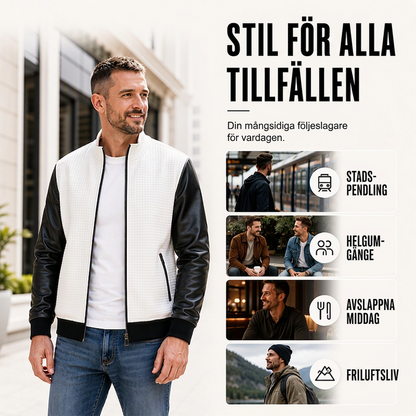 Herr vaddad jacka med vävt mönster och ärmar av PU-läder