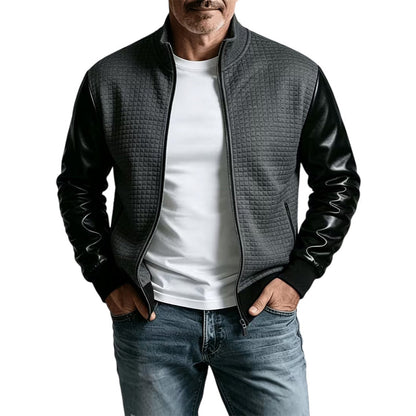 Herr vaddad jacka med vävt mönster och ärmar av PU-läder