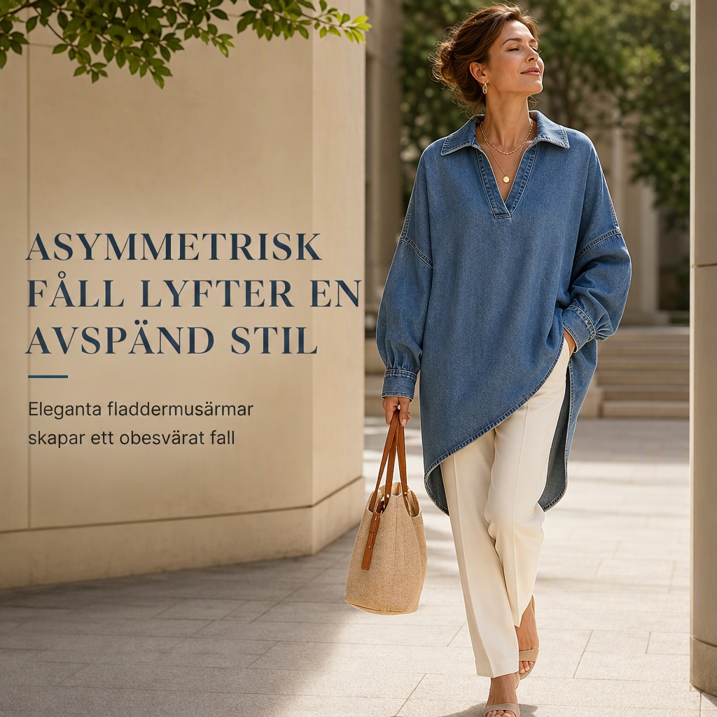 📢📢50 % rabatt!!!🎉✨En avslappnad och ledig jeans-tröja för damer med V-ringning, fladdermusärmar och asymmetrisk nederkant