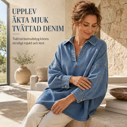 📢📢50 % rabatt!!!🎉✨En avslappnad och ledig jeans-tröja för damer med V-ringning, fladdermusärmar och asymmetrisk nederkant