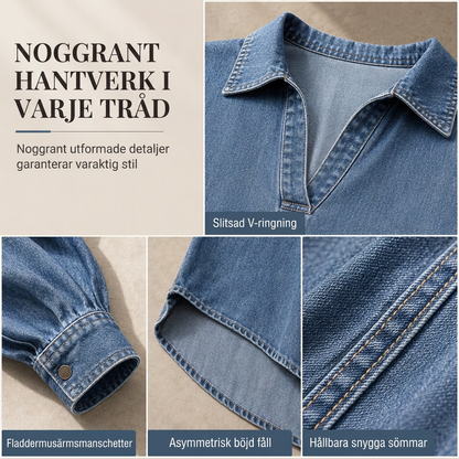 📢📢50 % rabatt!!!🎉✨En avslappnad och ledig jeans-tröja för damer med V-ringning, fladdermusärmar och asymmetrisk nederkant