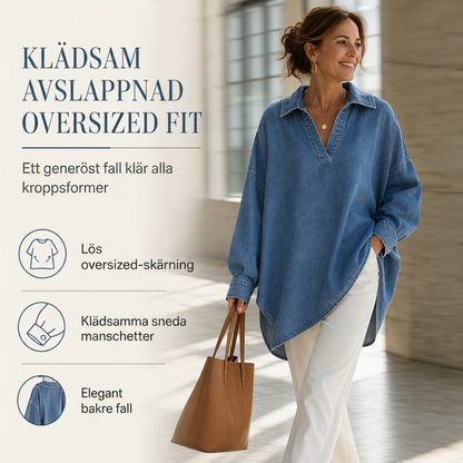 📢📢50 % rabatt!!!🎉✨En avslappnad och ledig jeans-tröja för damer med V-ringning, fladdermusärmar och asymmetrisk nederkant