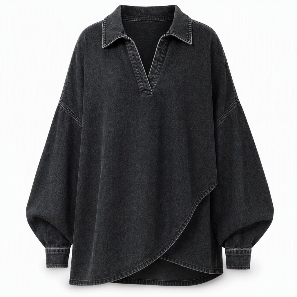 📢📢50 % rabatt!!!🎉✨En avslappnad och ledig jeans-tröja för damer med V-ringning, fladdermusärmar och asymmetrisk nederkant