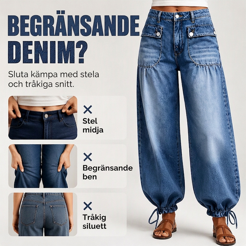 Damjeans med hög midja, ballongmodell och dragsko i ärmsluten