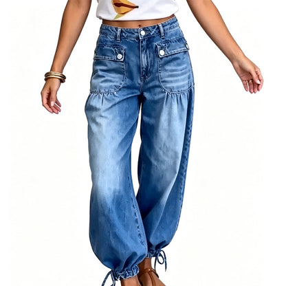 Damjeans med hög midja, ballongmodell och dragsko i ärmsluten