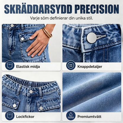 Damjeans med hög midja, ballongmodell och dragsko i ärmsluten