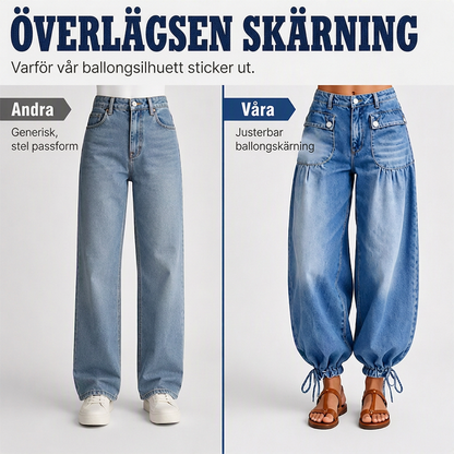 Damjeans med hög midja, ballongmodell och dragsko i ärmsluten