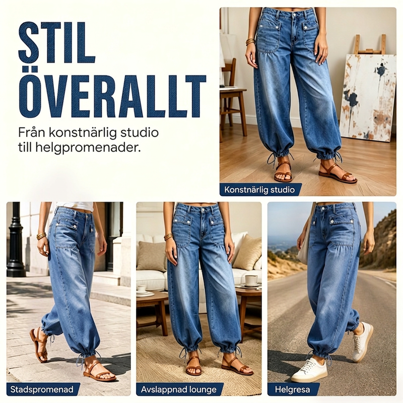 Damjeans med hög midja, ballongmodell och dragsko i ärmsluten