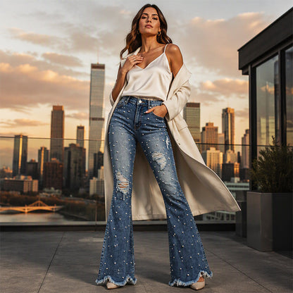 👖 Dammjeans med hög midja och utsvängda ben samt slitna detaljer – Trendiga utsvängda jeans med bekväm passform och tuff denimlook ✨
