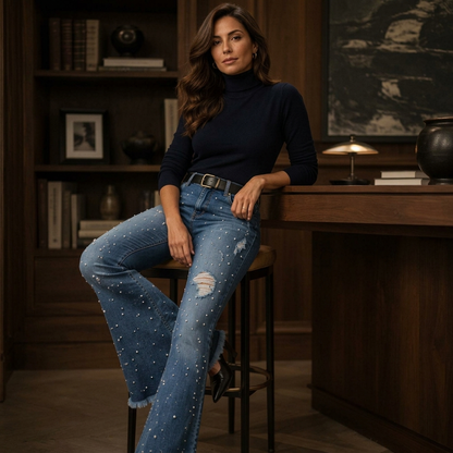 👖 Dammjeans med hög midja och utsvängda ben samt slitna detaljer – Trendiga utsvängda jeans med bekväm passform och tuff denimlook ✨