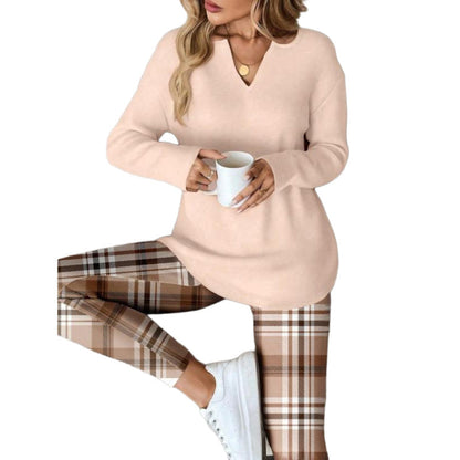 Set med stickad topp och rutiga leggings för kvinnor