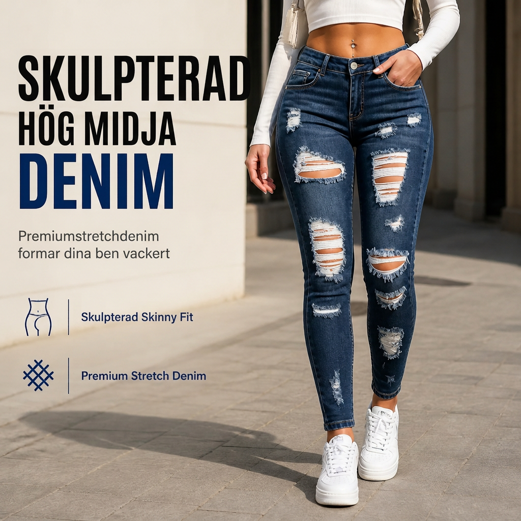 Kvinnors slitna skinny jeans med hög midja, distressed jeans med stretch