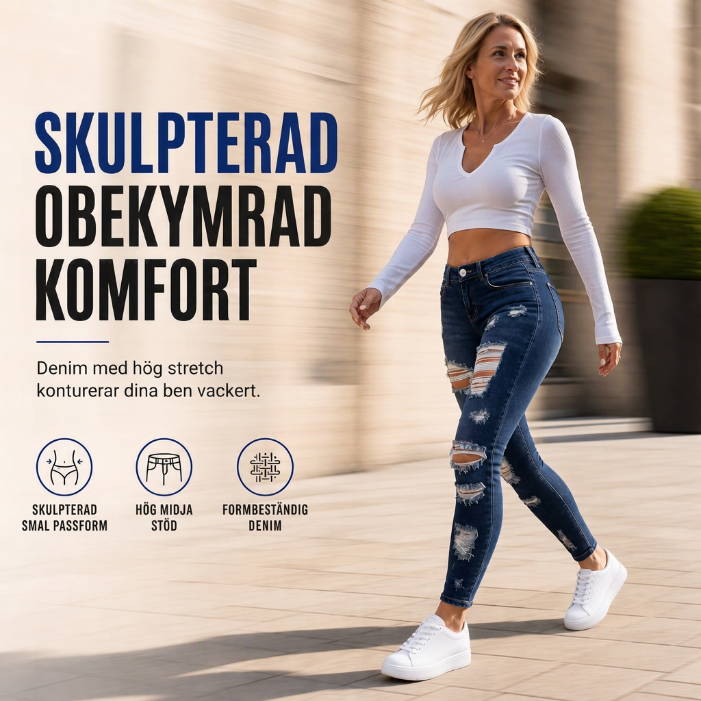 Kvinnors slitna skinny jeans med hög midja, distressed jeans med stretch