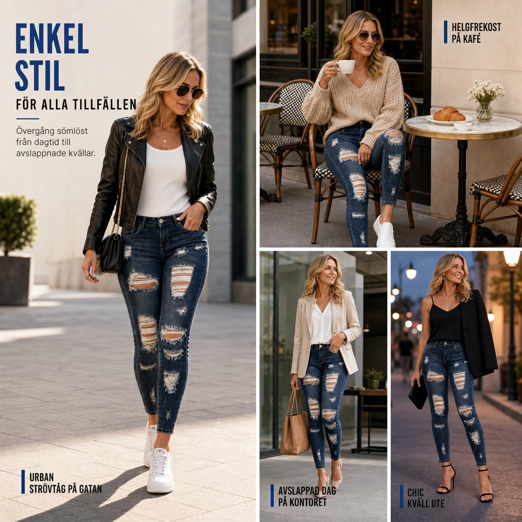 Kvinnors slitna skinny jeans med hög midja, distressed jeans med stretch