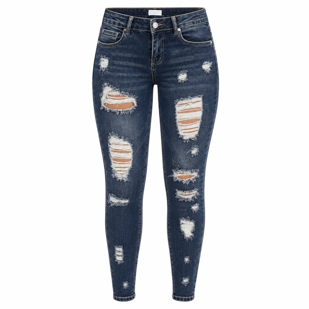 Kvinnors slitna skinny jeans med hög midja, distressed jeans med stretch