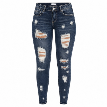 Kvinnors slitna skinny jeans med hög midja, distressed jeans med stretch