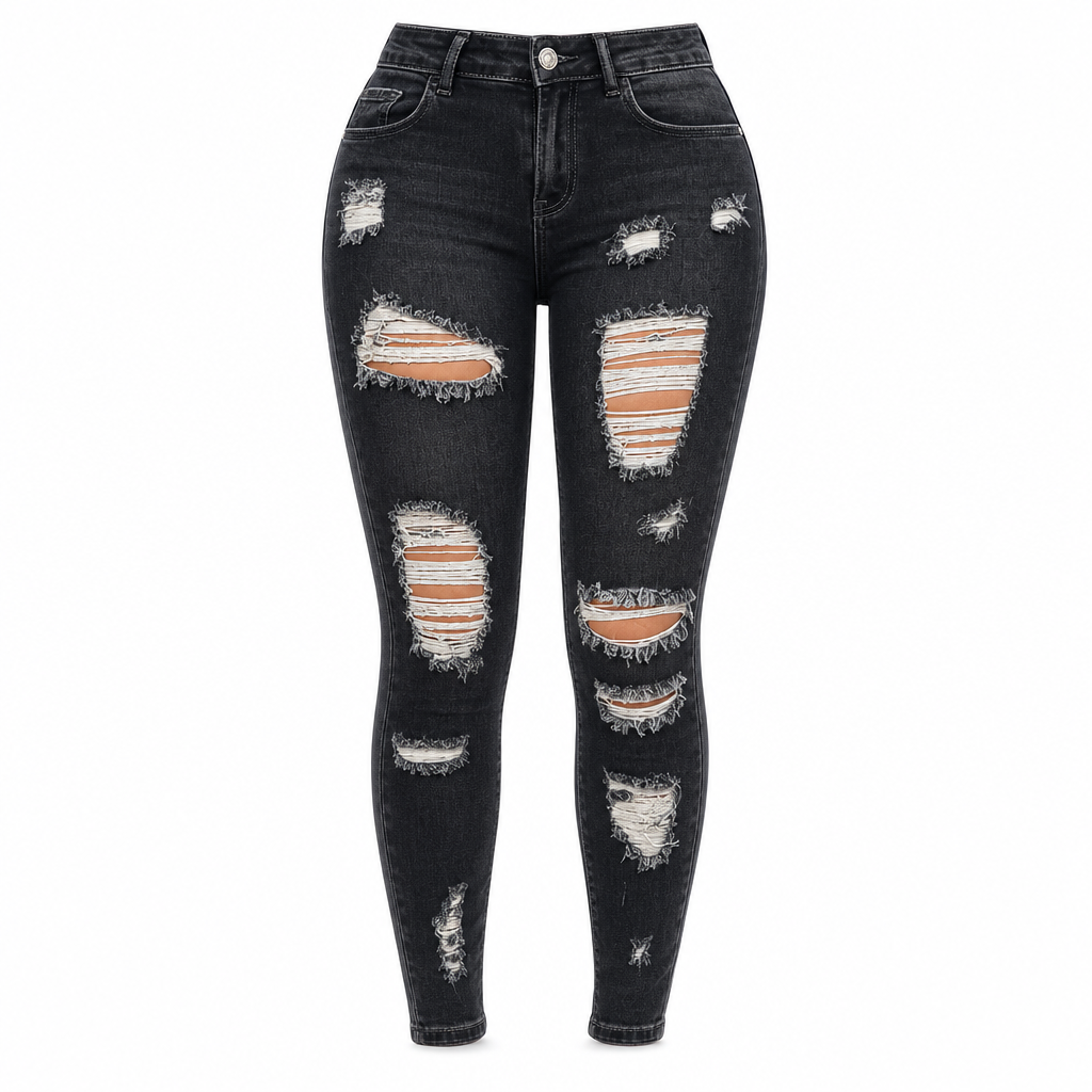 Kvinnors slitna skinny jeans med hög midja, distressed jeans med stretch
